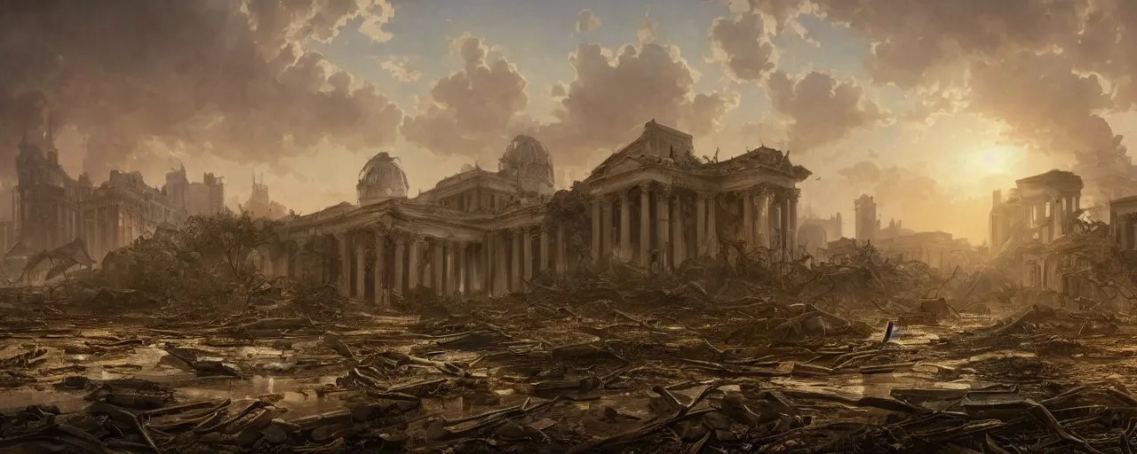 Prompt: A beautiful hyper realistic detailed matte painting of the destroyed Capitolium|post-apocalyptic landscape at sunrise| a lot of debris and small bushes and trees on fire|by John Howe and Andreas Rocha and Martin Johnson Heade and Albert Bierstadt, Fallout style|unreal engine, trending on artstation, golden ratio, rectilinear