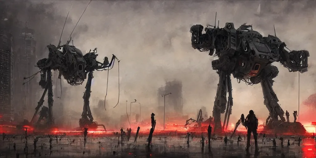 Prompt: tokyo, war of the worlds, giant mech, human soldiers, intense fighting, glowing lights! digital painting, very detailed, art by jakub rozalski