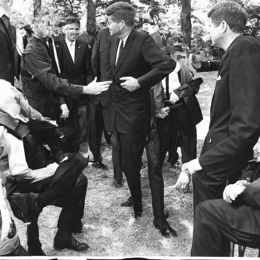 Prompt: vintage photo of president kennedy meeting with an argonian lizard warrior in skryim