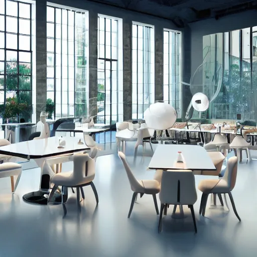 Image similar to three large white glossy kuka industrial robot arms on the floor around a dinner table, the kuka industrial robot arms are wearing bow ties, the table is full of food, they are having dinner inside a fine dining restaurant with mid century modern furniture and decor, global illumination, artstation, fantasy