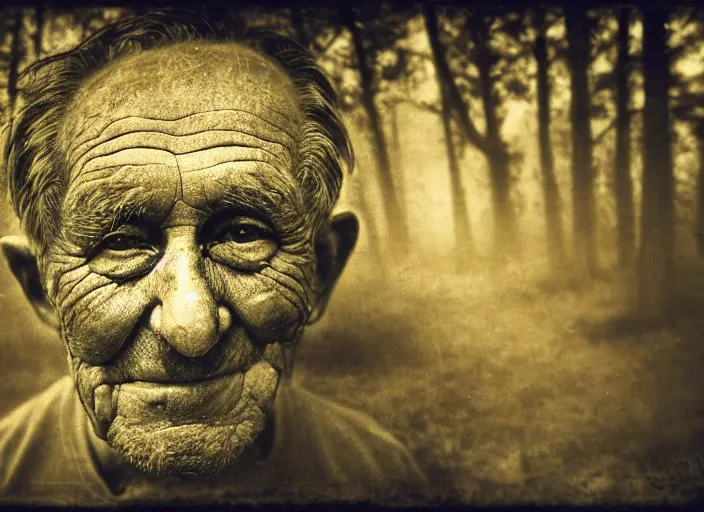 Prompt: old retro burnt out sepia photograph with scratches of an old and wrinkled man biting into a golden coin with his teeth. magical forest in the background with bokeh. Antique. High quality 8k. Intricate. Sony a7r iv 35mm. Award winning. Zdzislaw beksinski style