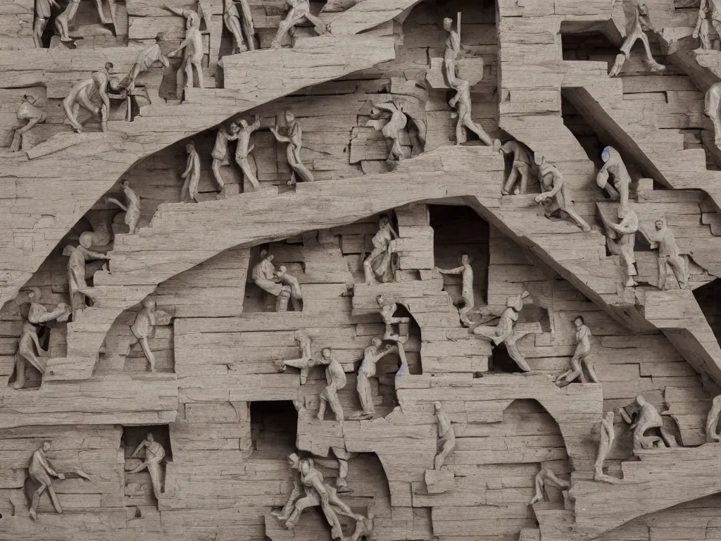 Image similar to miniature men of gray clay climbing on huge wooden stairs