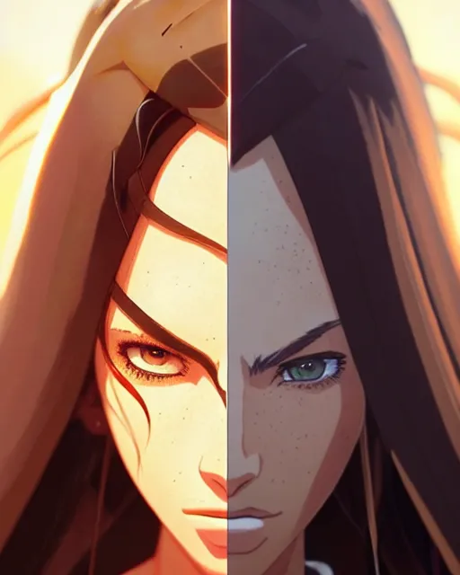 Image similar to azctec warrior, megan fox, detailed perfect face, exquisite details, fire magic, mid view, design on a white background, by studio muti, greg rutkowski makoto shinkai takashi takeuchi studio ghibli