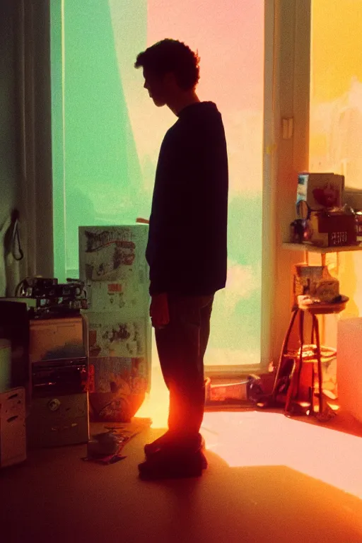 Prompt: agfa vista 4 0 0 photograph of a guy standing in a cluttered bedroom, back view, synth vibe, vaporwave colors, lens flare, moody lighting, moody vibe, telephoto, 9 0 s vibe, blurry background, grain, tranquil, calm, faded!,