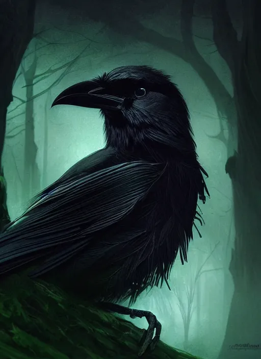 Prompt: side portrait dark crow (animal), close-up, fantasy forest landscape, moonshine, fantasy magic, nice black feather, proud, green dark light night, intricate, elegant, sharp focus, illustration, highly detailed, digital painting, concept art, matte, art by WLOP and Artgerm and Greg Rutkowski and Eddie Mendoza, masterpiece