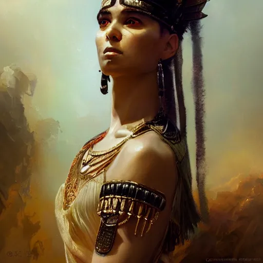 Prompt: a dramatic epic ethereal portrait of Cleopatra, full body with dynamic pose, female, detailed face, cinematic lighting, highly detailed oil on canvas painting by Greg Rutkowski, winning-award digital art trending on Artstation H 1024 W 832