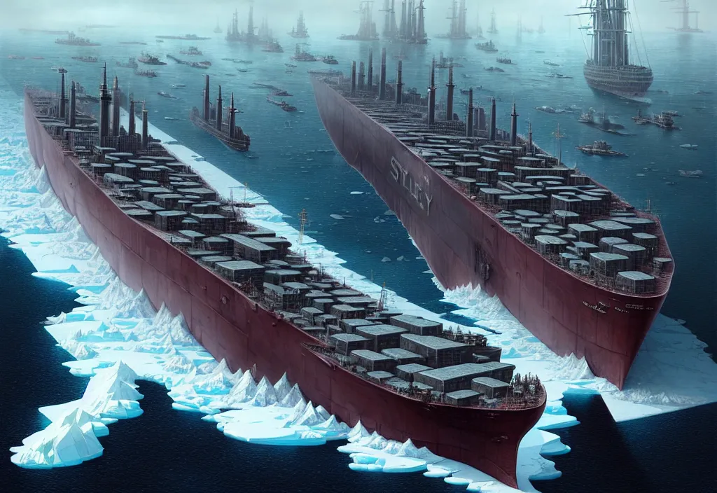 Prompt: one enormous gigantic steel ship - shaped fortress - city sailing across an icy cold ocean. masterpiece, cinematic, hyperdetailed, photorealistic, hyperrealism, octane rendering, depth of field, bokeh, architecture, shadows, aerial view, art by tom bagshaw, geof darrow, james gurney, filip hodas