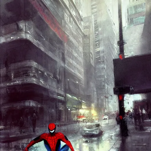 Prompt: spiderman lunch break, realistic, ultrahd, jeremy mann painting