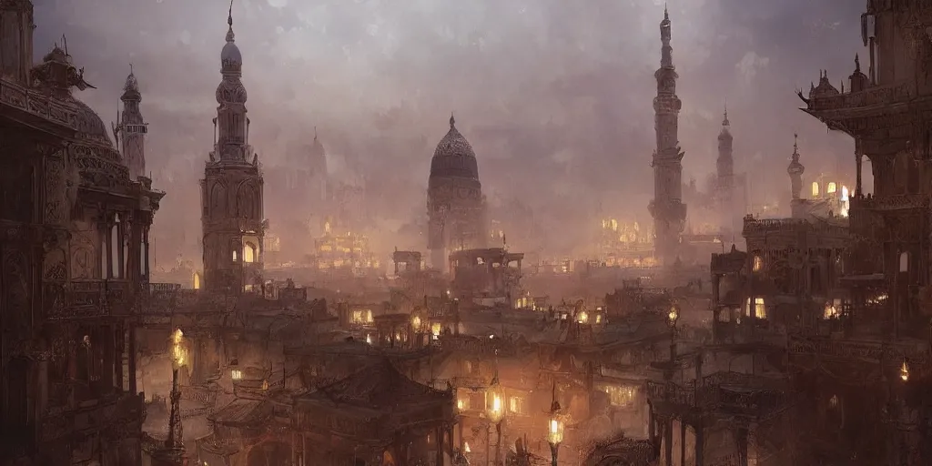 Prompt: arabian city, by joe dever, lone wolf, drapes, temple, town hall, traps, painted by greg rutkowski