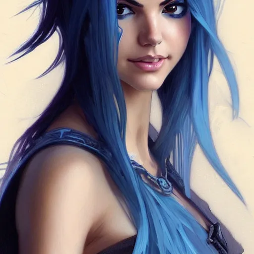 Image similar to A combination of Victoria Justice's and Odette Annable's faces with blue hair, western, D&D, fantasy, intricate, elegant, highly detailed, digital painting, artstation, concept art, matte, sharp focus, illustration, art by Artgerm and Greg Rutkowski and Alphonse Mucha