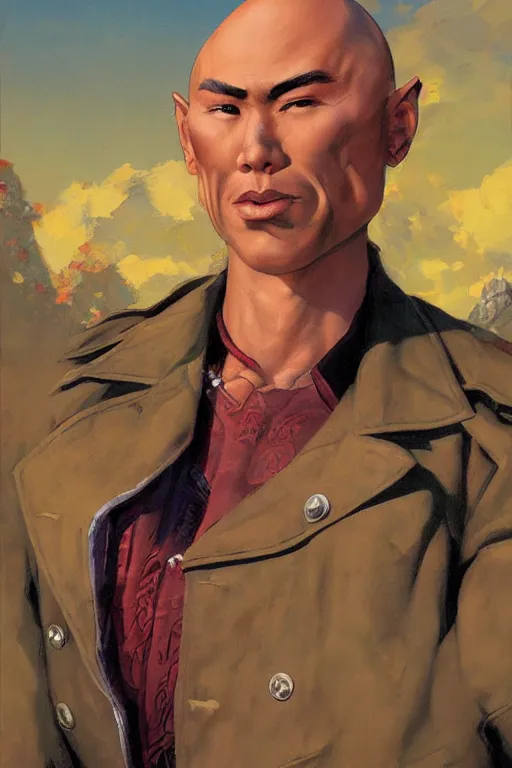 Image similar to beautiful gorgeous bald kazakh guy with a short beard, painted by tom lovell, alex malveda, greg staples