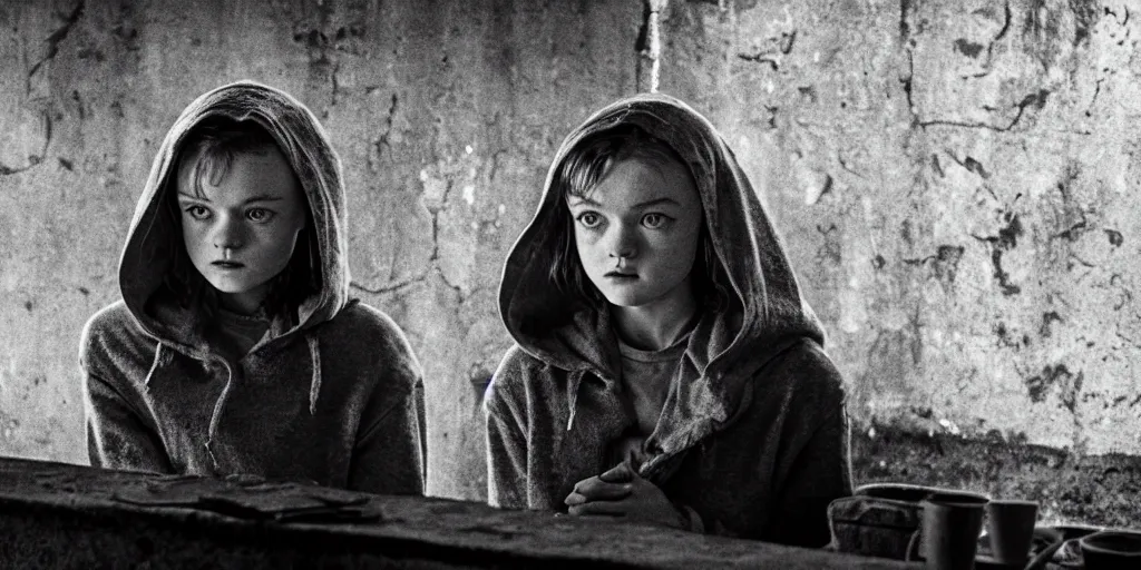 Image similar to at night, sadie sink in hoodie sits on windowsill, knees tucked in | rain falls, old brick wall with ussr propaganda posters : imax b & w film stock, anamorphic, single long shot from schindler's list by steven spielberg. cyberpunk, cinematic atmosphere, detailed and intricate, perfect anatomy