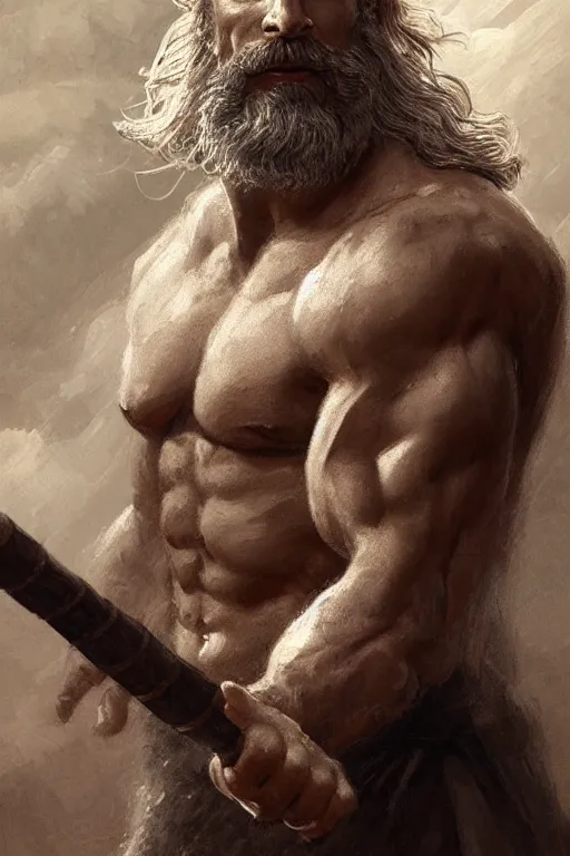 Image similar to photo portrait of rugged zeus, god of thunder, greek god, white hair, masculine, mature, handsome, upper body, muscular, hairy chest, fantasy, intricate, elegant, highly detailed, digital painting, artstation, concept art, smooth, sharp focus, illustration, art by gaston bussiere and greg rutkowski