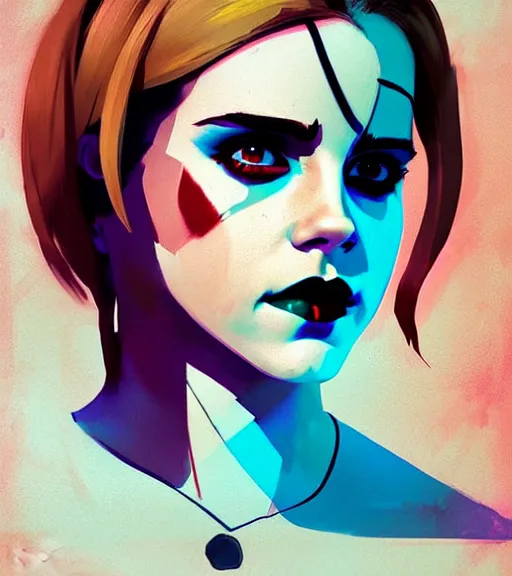 Prompt: portrait of emma watson as harley quinn by atey ghailan, by greg rutkowski, by greg tocchini, by james gilleard, by joe fenton, by kaethe butcher, dynamic lighting, gradient light blue, brown, blonde cream and white color scheme, grunge aesthetic