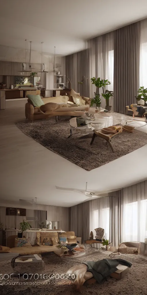 Image similar to photograph interior of 70's living room , octane render, unreal engine