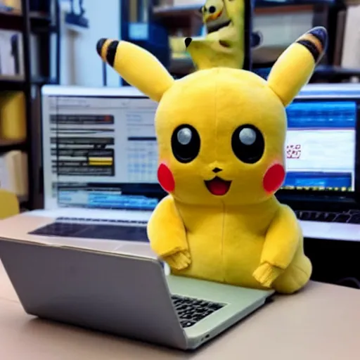 Prompt: Plush Pikachu tries to pay taxes using an old laptop, photo