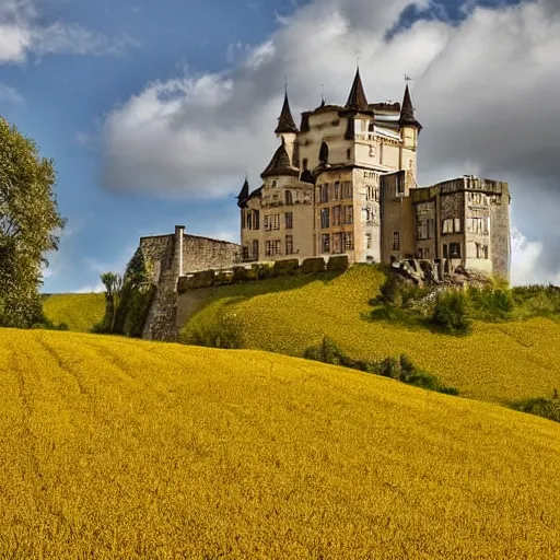 Prompt: A magnificent castle perched atop a hill in an idyllic valley, with a sprawling field of golden grain —n 4