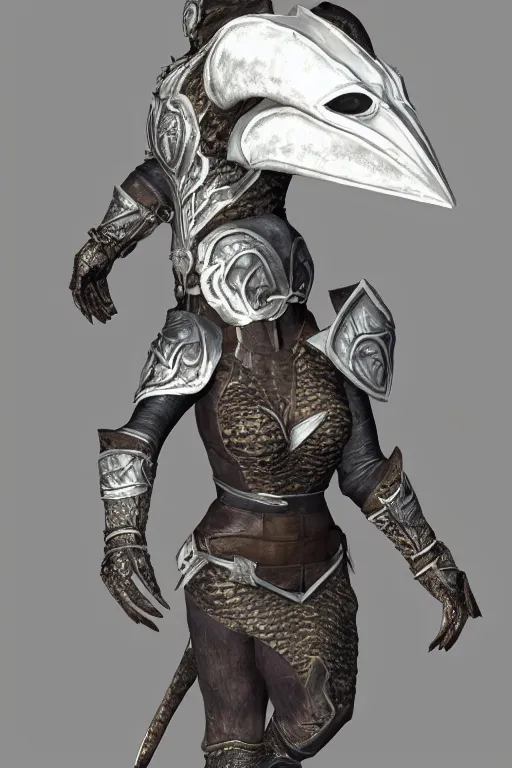 Image similar to female adventurer in tight full - body leather armor of argonian design with white porcelain crow mask, trending in artstation, establishing shot