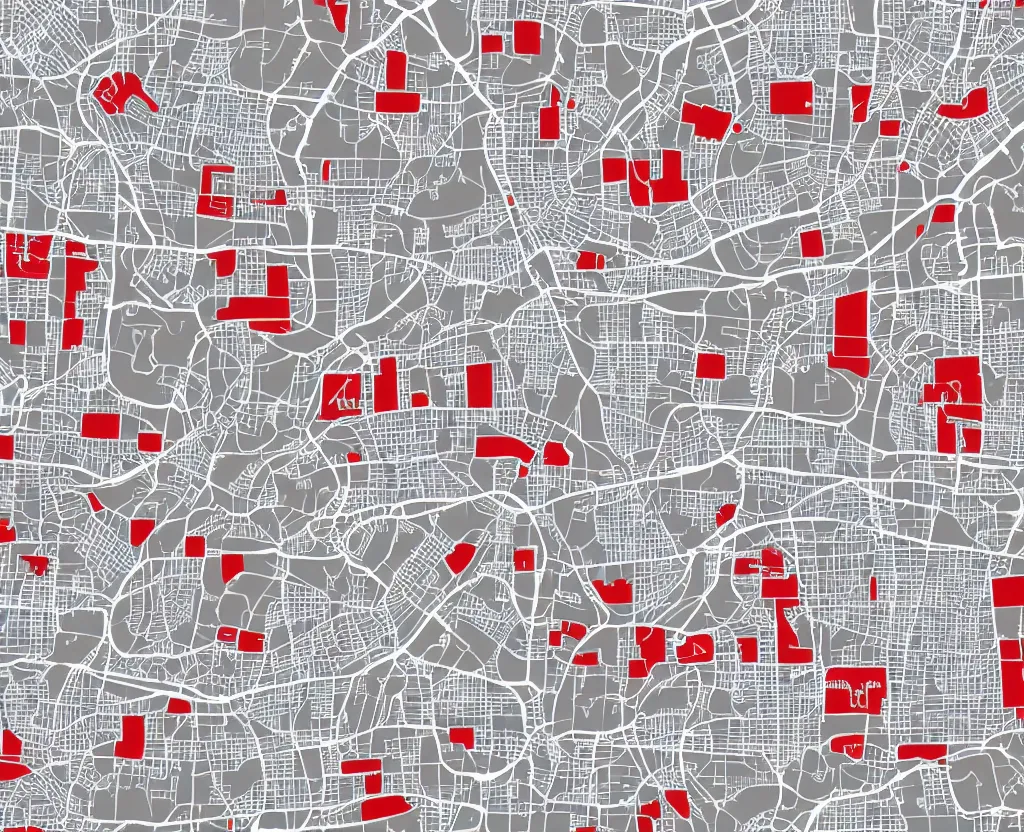 Prompt: Muted White on Grey Vector map of a large city with hundreds tiny red bench icons, vector graphics, highly detailed