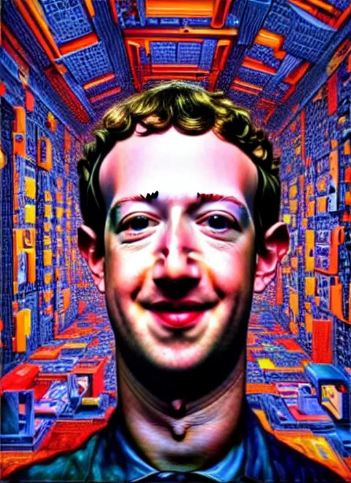 Prompt: hyper detailed 3d render like an Oil painting - Portrait of Mark Zuckerberg hooked up to a mainframe by Jacek Yerka, Mariusz Lewandowski, Houdini algorithmic generative render, Abstract brush strokes, Masterpiece, Edward Hopper and James Gilleard, Zdzislaw Beksinski, Mark Ryden, Wolfgang Lettl, hints of Yayoi Kasuma, octane render, 8k