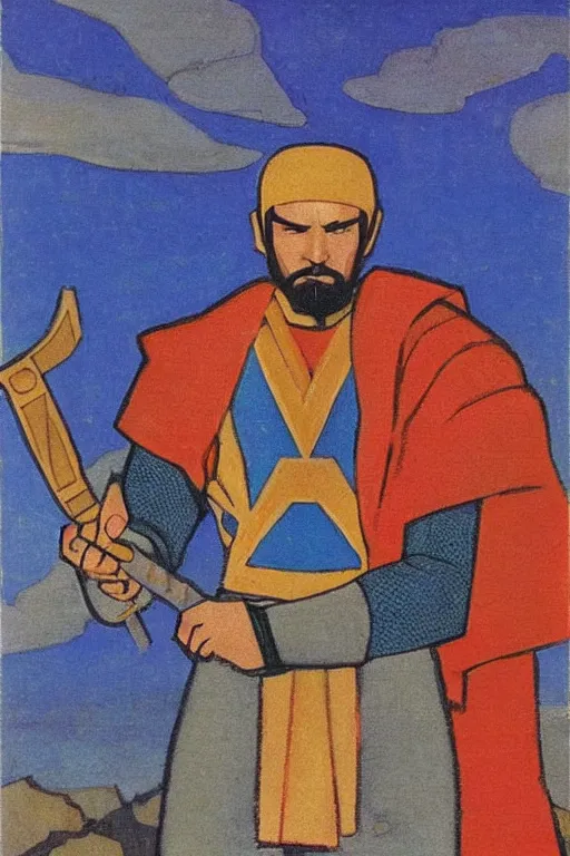 Image similar to thor with hammer, marvel, artwork by nicholas roerich,