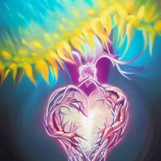 Prompt: a beautiful acrylic painting by andreas rocha and Anato Finnstark of a heart bursting out of a rib-cage and turning into rainbows and sunflowers, neon pastel color palette, soft feminine elegant