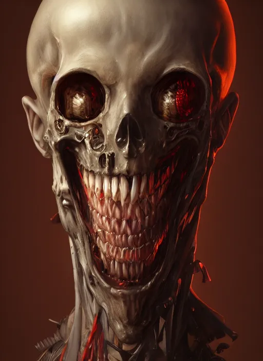 Image similar to anthropomorphic death smiling, au naturel, hyper detailed, digital art, trending in artstation, cinematic lighting, studio quality, smooth render, unreal engine 5 rendered, octane rendered, art style by klimt and nixeu and ian sprigger and wlop and krenz cushart