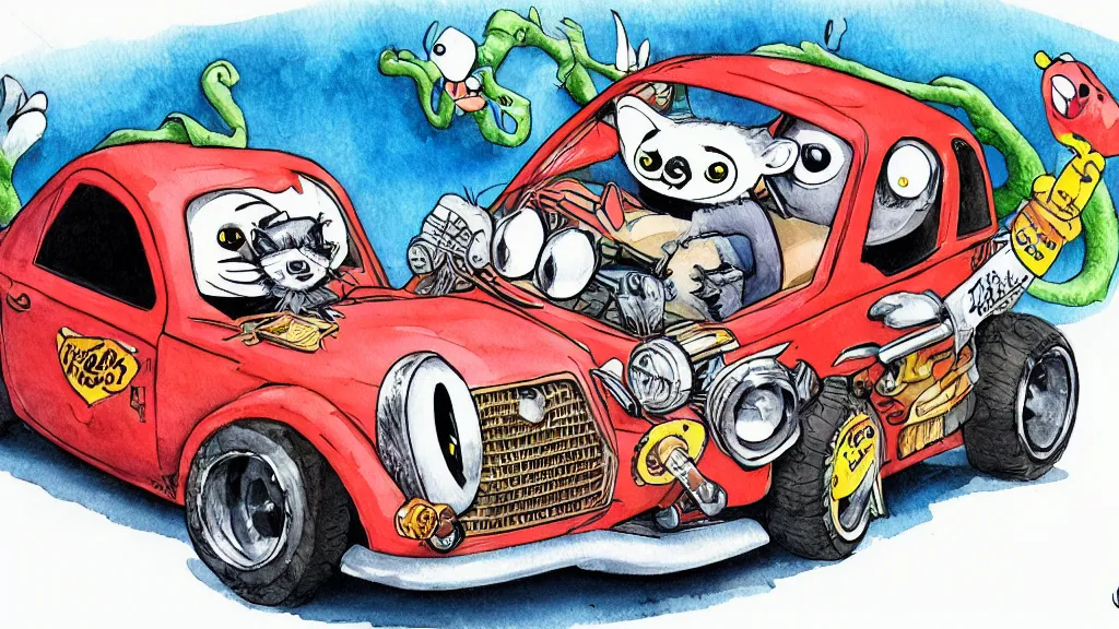 Prompt: cute and funny, racoon riding in a tiny hot rod coupe with oversized engine, ratfink style by ed roth, centered award winning watercolor pen illustration, by james nyika, edited by range murata