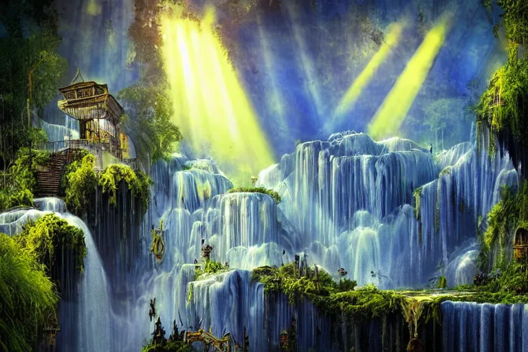 Image similar to gothic waterfall favela honeybee hive, art nouveau environment, crepuscular rays, industrial factory, award winning art, epic dreamlike fantasy landscape, ultra realistic,