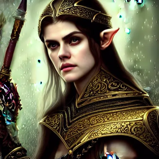 Prompt: Alexandra Daddario in highly detailed ornamental High Elven sorcerer robes with glowing runes border with Elven magical staff, alessandra ambrosio, audrey hepburn, keira knightley, kristen stewart, by Blizzard, World of Warcraft, Elder Scrolls, WETA, Lord of the Rings, LOTR, intricate, elegant, highly detailed, digital painting, artstation, concept art, smooth, sharp focus, illustration, art by artgerm and Ruan Jia and Rembrandt and greg rutkowski and alphonse mucha and andrei riabovitchev and craig mullins