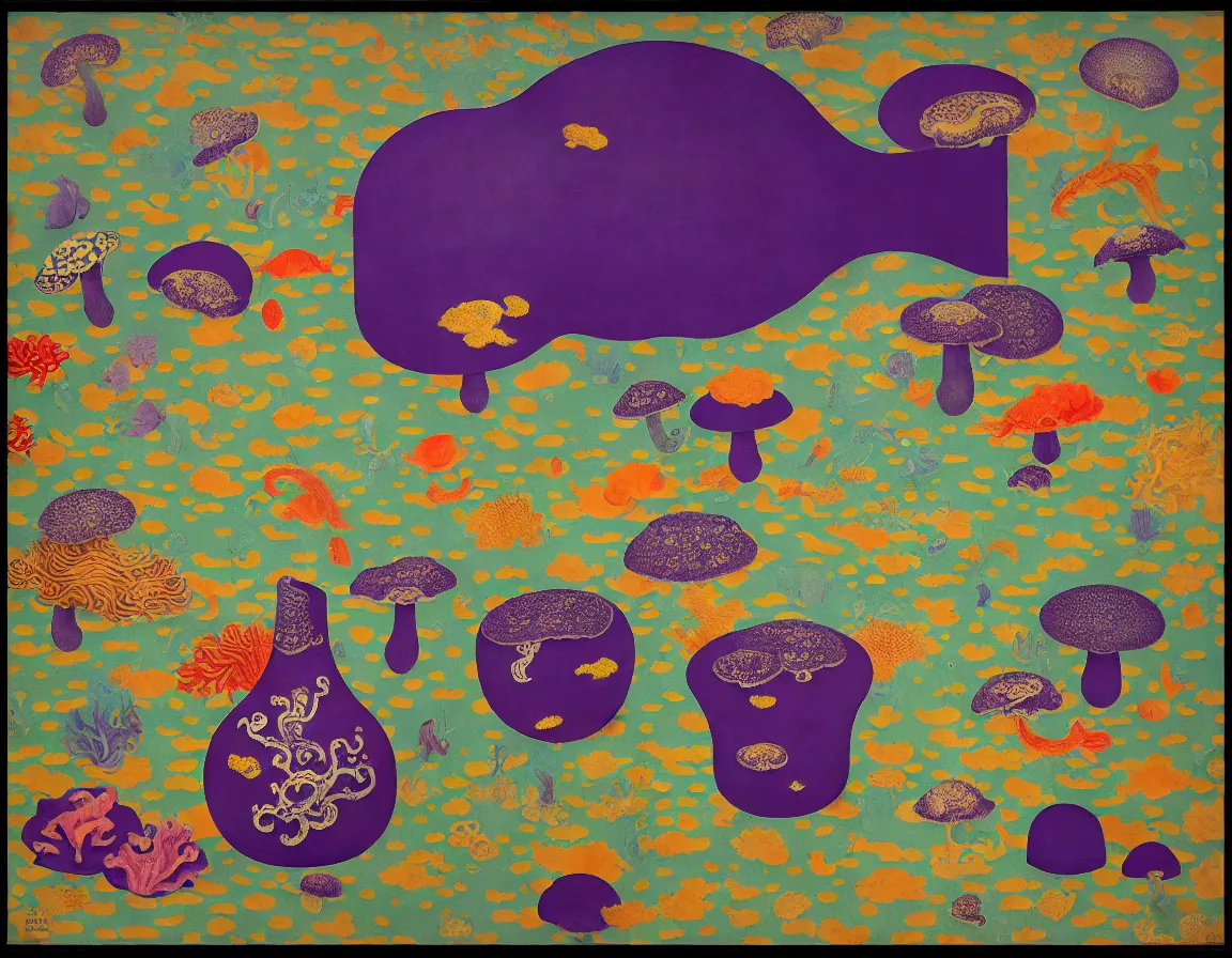 Prompt: vase of mushroom in the sky and under the sea decorated with a dense field of stylized scrolls that have opaque purple outlines, with koi fishes and sponges, ambrosius benson, kerry james marshall, oil on canvas, hyperrealism, light color, no hard shadow, around the edges there are no objects