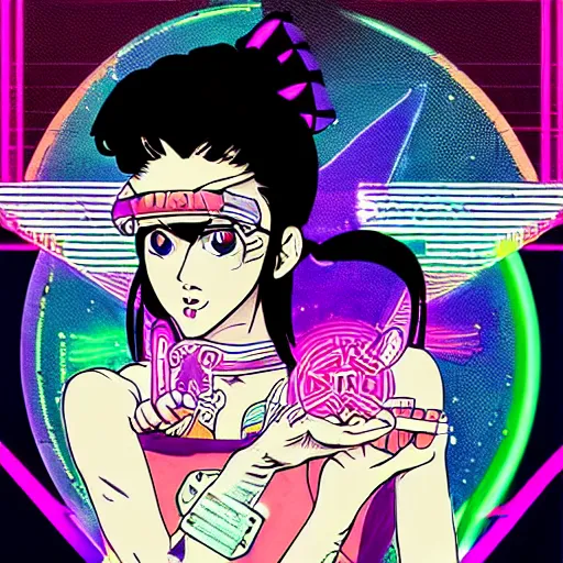 Image similar to portrait of sailor moon with arm tattoos, in the style of cyberpunk on the background of neon signs, symmetrical, single person