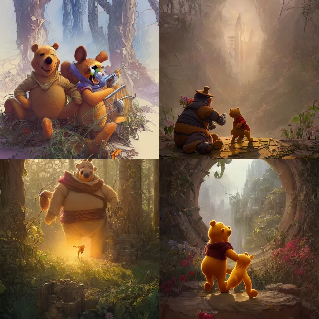 Prompt: winnie the pooh works construction in manhattan, fantasy, intricate, elegant, highly detailed, digital painting, artstation, concept art, matte, sharp focus, illustration, hearthstone, art by artgerm and greg rutkowski and alphonse mucha