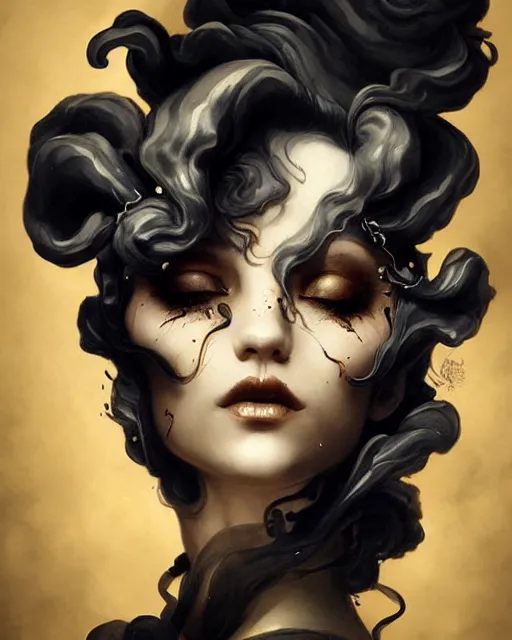 Image similar to rococo ink smoke twisting beauty portrait, black gold ink dripping, stylized fantasy portrait by wlop, artgerm, peter mohrbacher, artstation