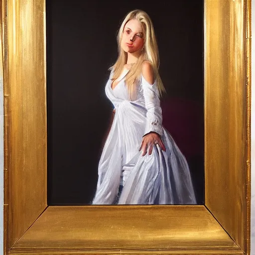 Prompt: a petite blonde woman posing in a studio, oil painting, 8 k