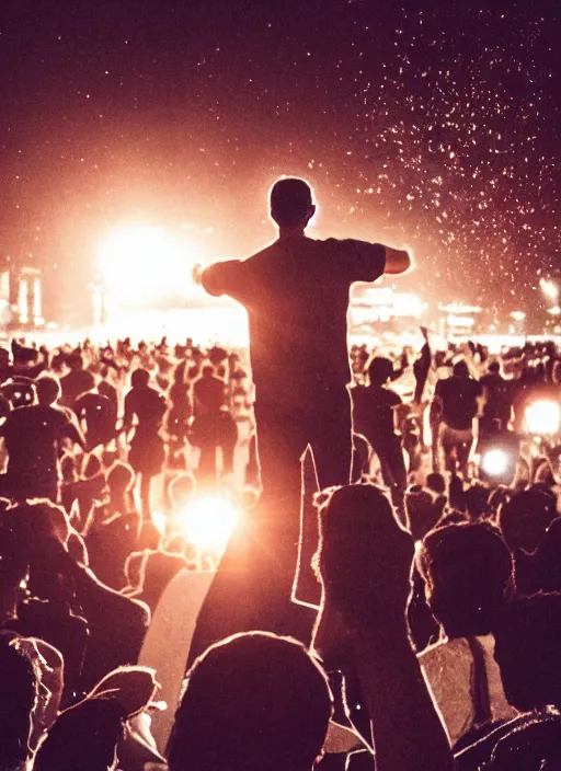 Image similar to a 3 5 mm photo from the back of a scientist raising a fist in triumph, standing in front of a city, splash art, movie still, bokeh, canon 5 0 mm, cinematic lighting, dramatic, film, photography, golden hour, depth of field, award - winning, anamorphic lens flare, 8 k, hyper detailed, 3 5 mm film grain