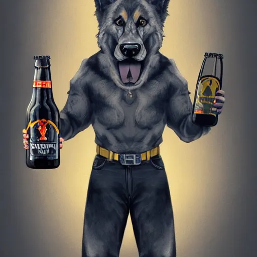 Image similar to a humanoid german shepherd beast - man in soccer style, holding a bottle of beer, artstation, concept art, smooth, sharp foccus ilustration, artstation