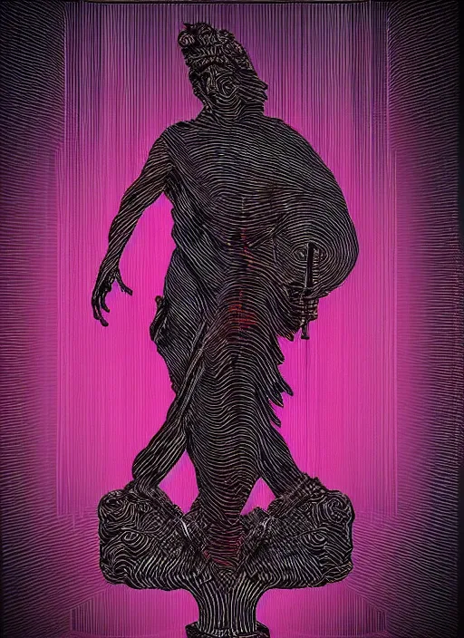 Image similar to elegant dark design poster showing a greco roman statue of apollo, black background with very subtle red and purple design elements, bold, powerful, nekro, vito acconci, thin straight purple lines, dark, glitch art, neo vaporwave, gritty, layout frame, square, trending on artstation