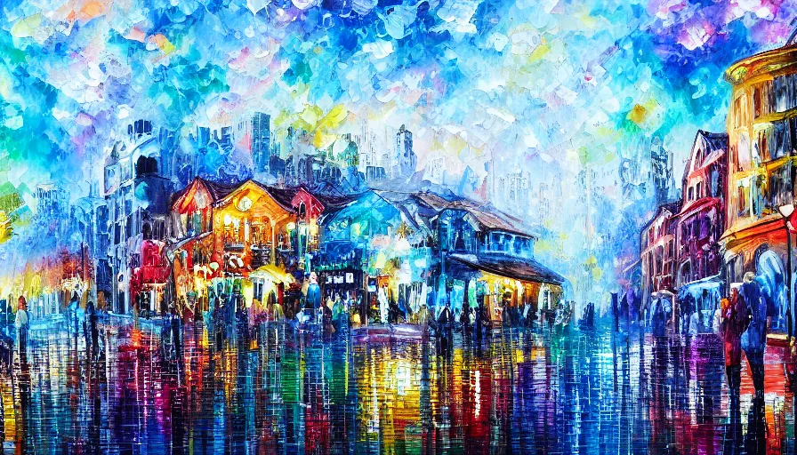 Image similar to town, painting on canvas, watedrops, water droplets, acrylic painting, acrylic pouring, painting, influencer, artstation - h 8 0 0