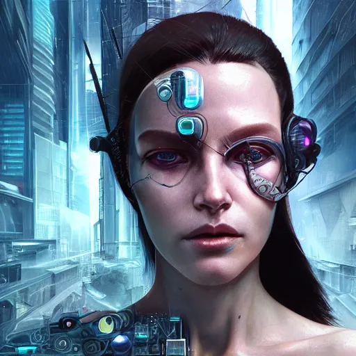 Prompt: a expressive portrait photograph of cyberpunk woman with eye implants in dramatic lighting, depth of field background, artstation, concept art by jim burns and greg rutkowski, a realism masterpiece, james gilleard, bruegel, alphonse mucha, and yoshitaka amano