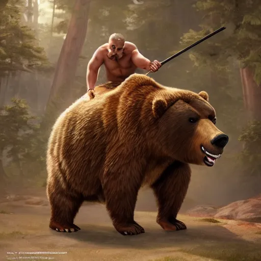 Image similar to anthropomorphic bear fighting an anthropomorphic bull, au naturel, hyper detailed, digital art, trending in artstation, cinematic lighting, studio quality, smooth render, unreal engine 5 rendered, octane rendered, art style by klimt and nixeu and ian sprigger and wlop and krenz cushart.