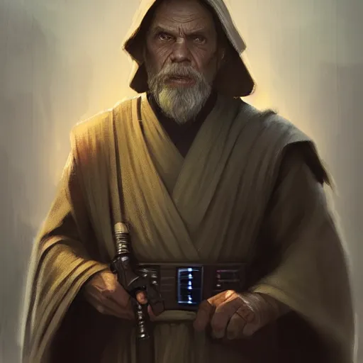 Image similar to portrait of a man by Greg Rutkowski, old jedi Master Luke Skywalker from Star Wars Expanded Universe, he is about 60 years old, wearing tactical jedi gear, highly detailed portrait, digital painting, artstation, concept art, smooth, sharp foccus ilustration, Artstation HQ