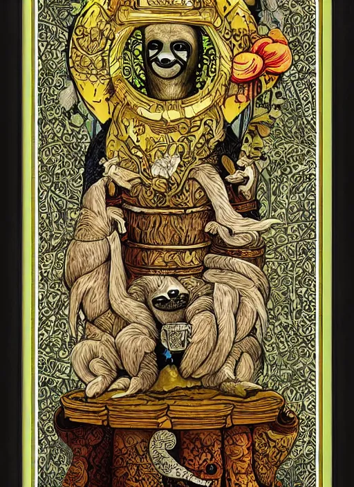 Image similar to sloth as the king of cups, framed, intricate details, medieval art style, high contrast, posterized