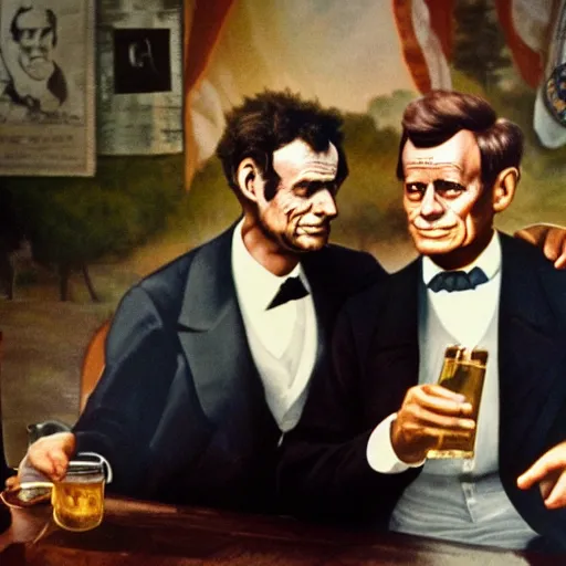 Prompt: abraham lincoln and jfk sharing a beer in heaven, color photograph
