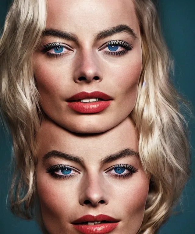 Image similar to a color photograph of margot robbie, by thomas ruff, platinum blond, intense, bold, exaggerated, ultra sharp, extra details, ultra high quality, trending on pinteresst