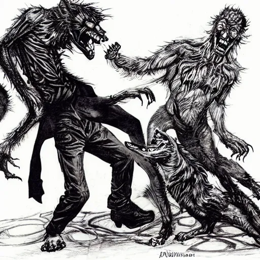 Prompt: fantasy artwork of Tom Waits and William S Burroughs fighting werewolves as drawn by Bernie Wrightson