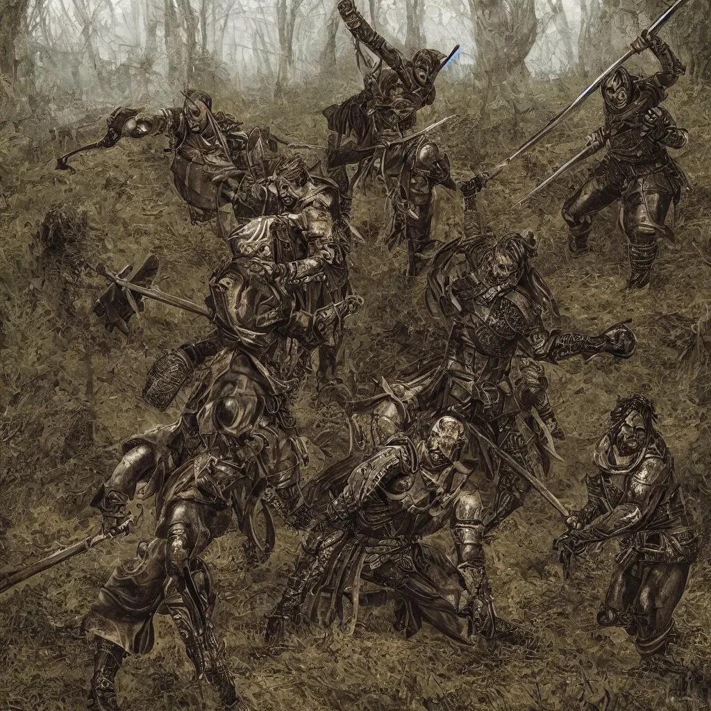 Prompt: dark gritty medieval duel between two mercenaries in gambesons and chainmails, muddy forest in the background, highly detailed illustration