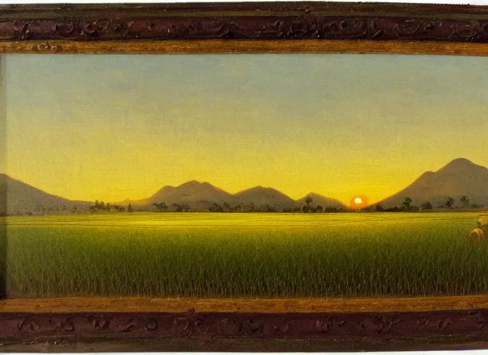 Prompt: painting of a rice paddy with two big mountains in the background, a wide asphalt road!!!! divides paddy field in the middle composition, big yellow sun rising between 2 mountains, oil painting by old master masterpiece