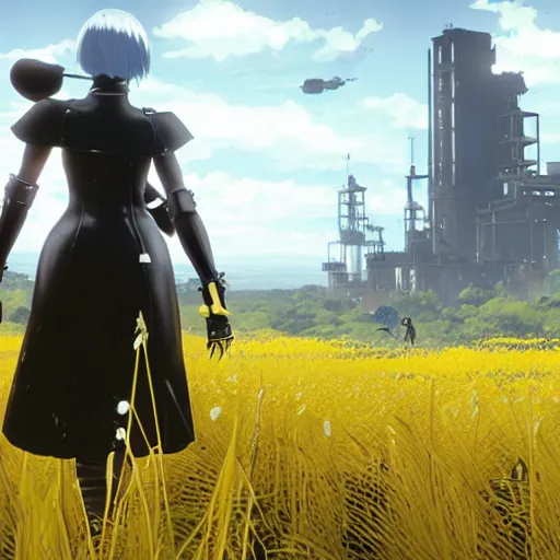Prompt: a very high resolution image from nier : automata, featuring 9 s android fighting militarized police forces in yellow rye field under pure blue skies