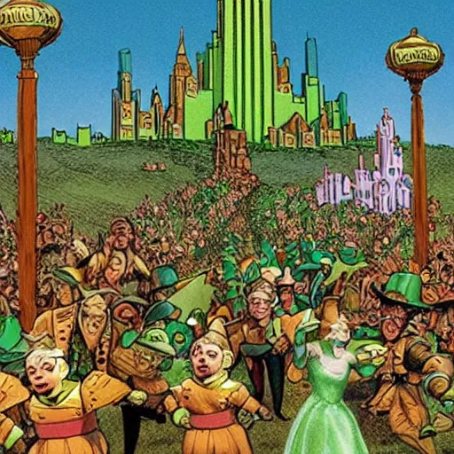 Prompt: emerald city from the wizard of oz being stormed by trump supporting munchkins,